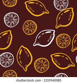 Hand drawn colorful seamless pattern of hand drawn lemons on red background. doodle style. Perfect for textile manufacturing wallpaper posters. Vector illustration. sketch outline.