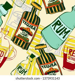 hand drawn colorful seamless pattern background with Mexican alcoholic drinks, tequila, rum, and red wine bottles, ideal for print, poster, textile, web and other designs, eps10 vector illustration