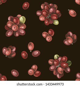 Hand drawn colorful seamless pattern with coffee beans on dark background. Vector illustration.