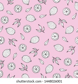 Hand drawn colorful seamless pattern. Lemons and half of lemons with leaves on pink background. Perfect for textile, manufacturing, wallpaper, posters, wrapping paper. Vector illustration.