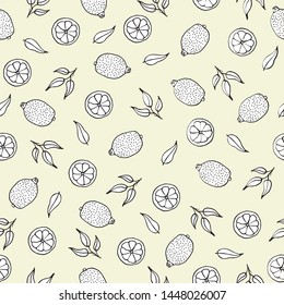 Hand drawn colorful seamless pattern. Lemons and half of lemons with leaves on yellow background. Perfect for textile, manufacturing, wallpaper, posters, wrapping paper. Vector illustration.