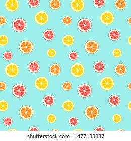 Hand drawn colorful seamless pattern. Half of lemons, oranges and grapefruits on turquoise background. Perfect for textile, manufacturing, wallpaper, posters, wrapping paper. Vector illustration.
