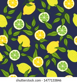 Hand drawn colorful seamless pattern. Half of lemons amd limes, whole limes and lemons on the dark background. Perfect for textile, manufacturing, wallpaper, wrapping paper. Vector illustration