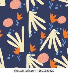 Hand drawn colorful seamless pattern. Vector illustration. Abstract flowers. Сartoon floral texture.