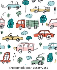 Hand drawn colorful seamless pattern with linear black cars, trees and clouds. Transport drawn in childish doodle style. Perfect for nursery wallpaper design