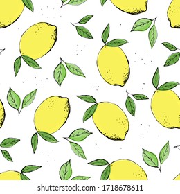Hand drawn colorful seamless pattern of hand drawn lemons and green leaves on white background. Perfect for textile manufacturing wallpaper posters.