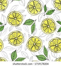Hand drawn colorful seamless pattern of hand drawn lemons and green leaves on white background. Perfect for textile manufacturing wallpaper posters and web.