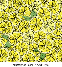 Hand drawn colorful seamless pattern of hand drawn lemons and green leaves. Perfect for textile manufacturing wallpaper posters and web.