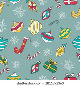 Hand drawn colorful seamless pattern with Christmas elements. Xmas and winter holidays. illustration in ink hand drawn style. Seamless pattern for Christmas.