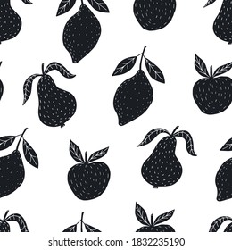 Hand drawn colorful seamless pattern of hand drawn lemons apples pears and leaves. Scandinavian design style. Perfect for textile manufacturing wallpaper posters etc. Vector illustration