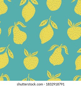 Hand drawn colorful seamless pattern of hand drawn lemons apples pears and leaves. Scandinavian design style. Perfect for textile manufacturing wallpaper posters etc. Vector illustration