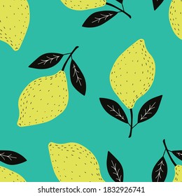 Hand drawn colorful seamless pattern of hand drawn lemons and leaves. Scandinavian design style. Perfect for textile manufacturing wallpaper posters etc. Vector illustration
