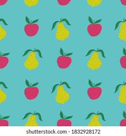 Hand drawn colorful seamless pattern of hand drawn apples pears and leaves. Scandinavian design style. Perfect for textile manufacturing wallpaper posters etc. Vector illustration