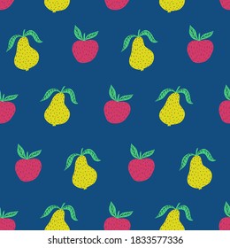 Hand drawn colorful seamless pattern of hand drawn apples pears and leaves. Scandinavian design style. Perfect for textile manufacturing wallpaper posters etc. Vector illustration
