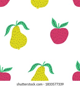 Hand drawn colorful seamless pattern of hand drawn apples pears and leaves. Scandinavian design style. Perfect for textile manufacturing wallpaper posters etc. Vector illustration