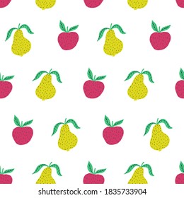 Hand drawn colorful seamless pattern of hand drawn apples pears and leaves. Scandinavian design style. Perfect for textile manufacturing wallpaper posters etc. Vector illustration