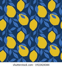 Hand drawn colorful seamless pattern of hand drawn lemons. Citrus fruit background. Perfect for textile manufacturing wallpaper posters etc. Vector illustration