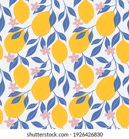 Hand drawn colorful seamless pattern of hand drawn lemons leaves and lemon flowers. Citrus fruit background. Perfect for textile manufacturing wallpaper posters etc. Vector illustration