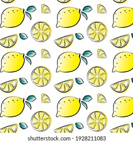 Hand drawn colorful seamless pattern of hand drawn lemons and green leaves on white background. Perfect for textile manufacturing wallpaper posters etc. Vector illustration.