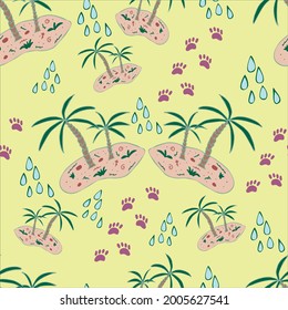 Hand drawn colorful seamless pattern with island, palm trees baby carriage and toys for gif cards, wallpaper, notebook, fabric, scrapbook. Doodle style.