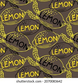 Hand drawn colorful seamless pattern of hand drawn lemons and green leaves on brown background. Scandinavian design style. Perfect for textile manufacturing wallpaper posters etc. Vector illustration