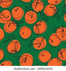 Hand drawn colorful seamless pattern with tangerines in naive style. Oranges pattern in bold colors.