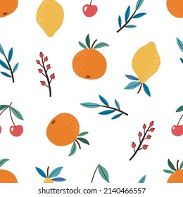 Patrón de frutos y bayas dibujados a mano sin costura. Verano lindo fondo. Perfecto para la fabricación de carteles de papel pintado, etc. Ilustración vectorial