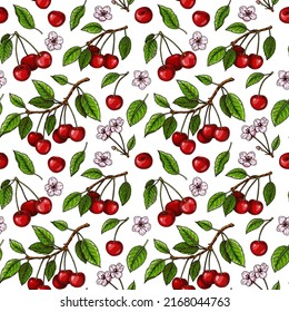 Hand drawn colorful seamless pattern with cherry berries and flowers. Vector illustration in colored sketch style