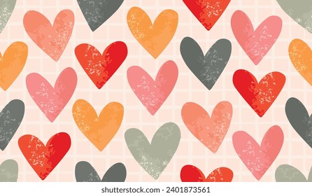 Hand drawn colorful seamless pattern with grange hearts.White cage  background.Pink,yellow and gray colors.Abstract shapes with textures.Print on fabric and paper.Valentine's Day vector illustration.