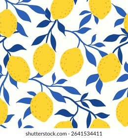 Hand drawn colorful seamless pattern of hand drawn lemons. Citrus fruit background. Perfect for textile manufacturing wallpaper posters etc. Vector illustration