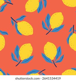 Hand drawn colorful seamless pattern of hand drawn lemons. Citrus fruit background. Perfect for textile manufacturing wallpaper posters etc. Vector illustration