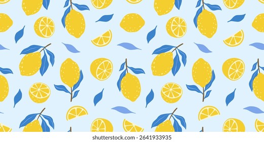 Hand drawn colorful seamless pattern of hand drawn lemons. Citrus fruit background. Perfect for textile manufacturing wallpaper posters etc. Vector illustration