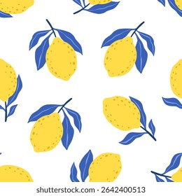 Hand drawn colorful seamless pattern of hand drawn lemons. Citrus fruit background. Perfect for textile manufacturing wallpaper posters etc. Vector illustration