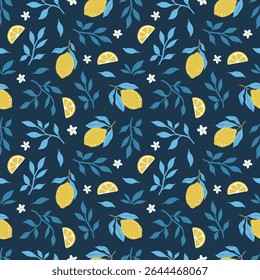Hand drawn colorful seamless pattern of hand drawn lemons leaves and lemon flowers. Citrus fruit background. Perfect for textile manufacturing wallpaper posters etc. Vector illustration