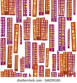 Hand drawn colorful seamless pattern with city landscape. Modern buildings, skyscrapers on white background. Vector illustration.