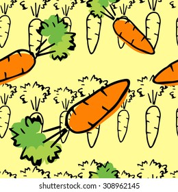Hand drawn colorful seamless pattern with carrot Vector vegetables, vegetarian, eco food illustration on orange background