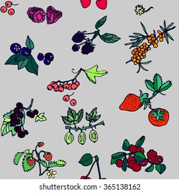 Hand drawn colorful seamless pattern with set of European spring and summer  berries on gray background. 
