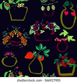 Hand drawn colorful seamless pattern with set of European spring and summer  berries in pot and bank on gray background. 
