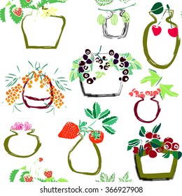 Hand drawn colorful seamless pattern with set of European spring and summer  berries in pot and bank  on white  background. 