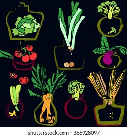 Hand drawn colorful seamless pattern with set of European and American  summer and autumn  vegetables in pot and bank on dark background. 