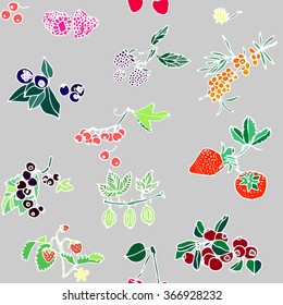 Hand drawn colorful seamless pattern with set of European spring and summer isolated  berries on gray background. 