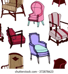 Hand drawn colorful  seamless pattern with set of old vintage living furniture - chairs, armchairs . Hand drawn design of postcard , textile, notebook, book.
