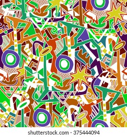Hand drawn colorful seamless pattern with graffiti vivid elements. Design for textile, wallpaper, postcards, books . 