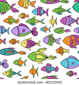 Hand drawn colorful seamless pattern with fishes