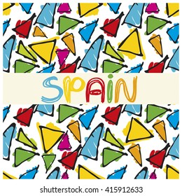 Hand drawn colorful seamless pattern with abstract geometric shapes and triangle elements combined with Spain lettering. Vibrant mosaic style vector background inspired by Barcelona and Antonio Gaudi design. Perfect for textile, fabric, wrapping paper, packaging, wallpaper and surface design. Ideal for modern branding and creative projects.