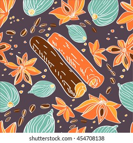 Hand drawn colorful   seamless pattern with cinnamon, cardamom, coffee beans and nut megs. Sketches of spices. Vector background.