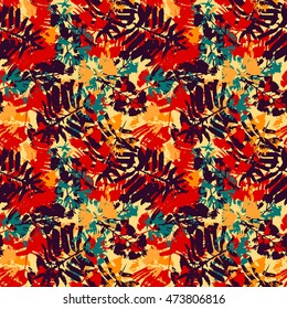 Hand drawn colorful seamless pattern with ink leafs prints