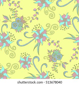 Hand drawn colorful seamless pattern. Floral orient retro background for textile, fabric, wrapping, paper, cloth