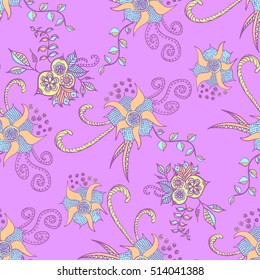 Hand drawn colorful seamless pattern. Floral orient retro background for textile, fabric, wrapping, paper, cloth