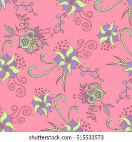 Hand drawn colorful seamless pattern. Floral orient retro background for textile, fabric, wrapping, paper, cloth